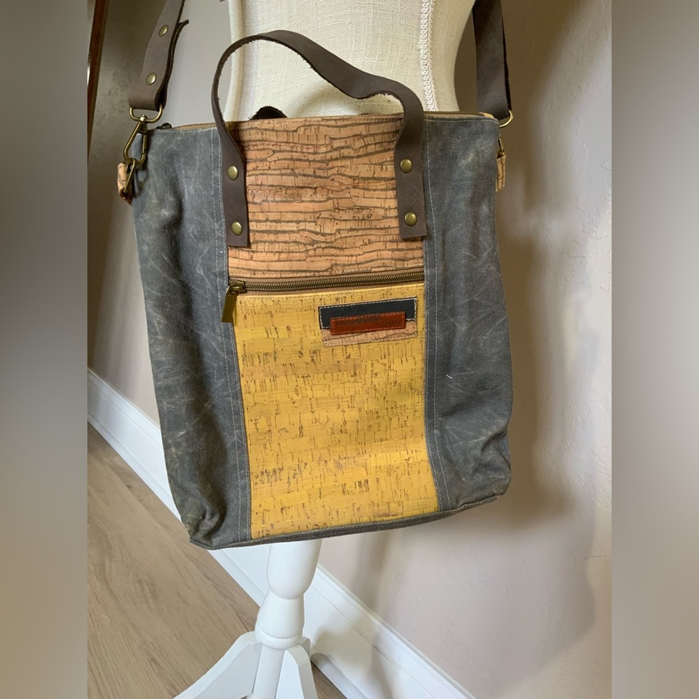 Women’s gray waxed canvas and mustard cork fabric crossbody tote bag